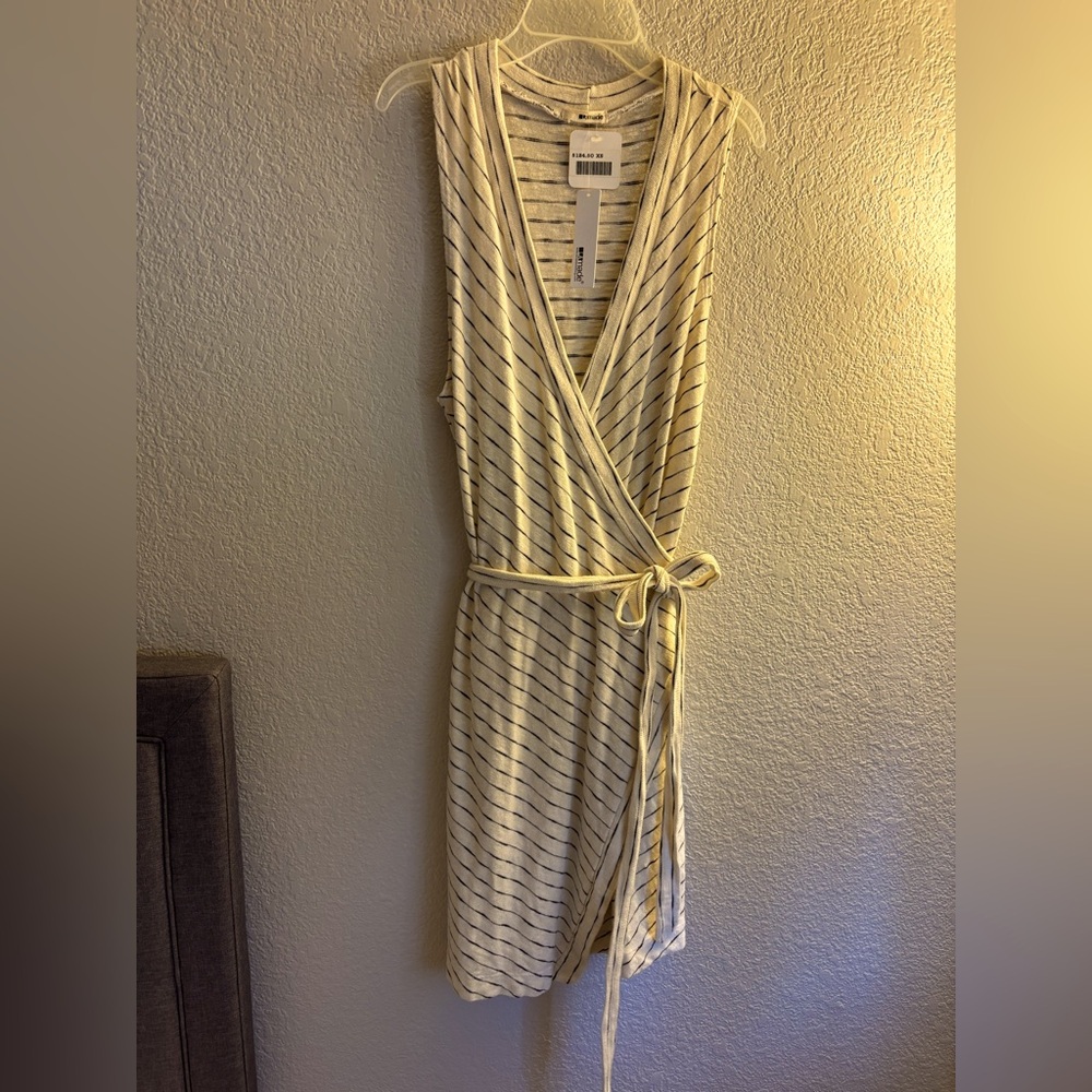 LAmade Cream and Black Striped V-Neck Dress